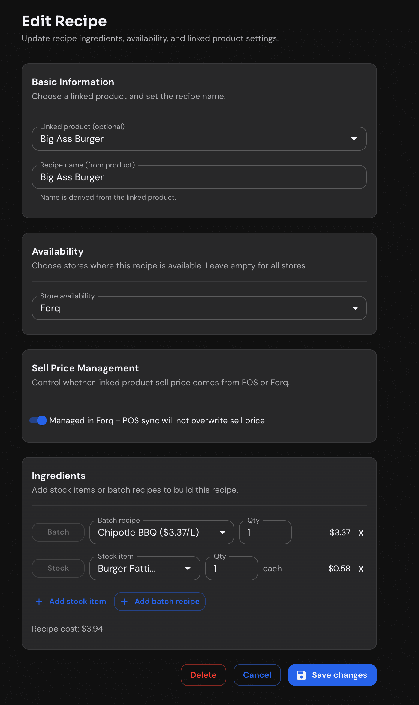 Forq web — recipes list and inventory management